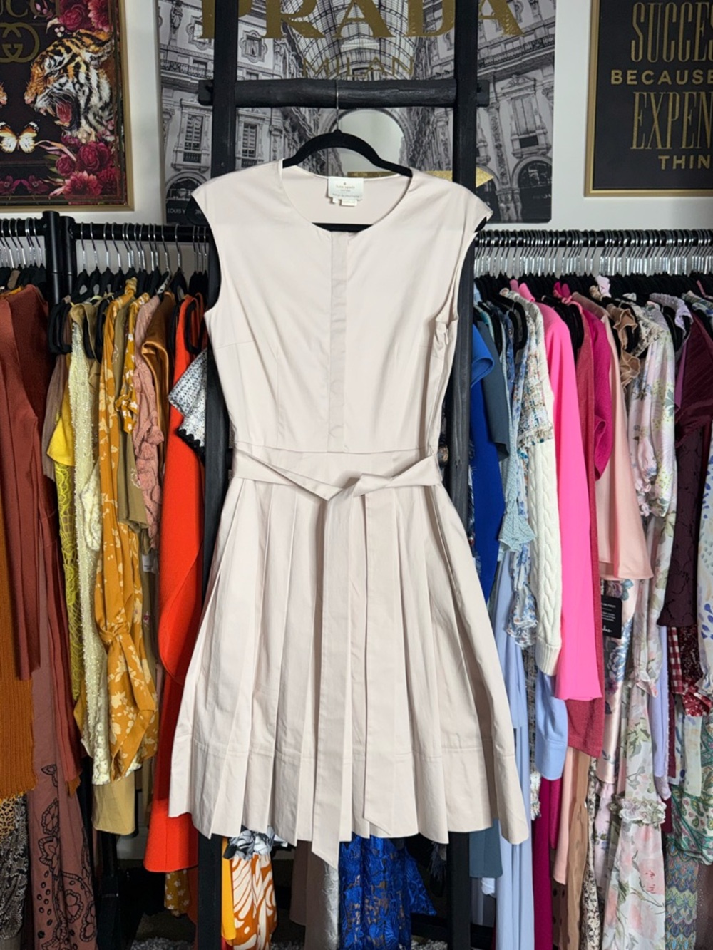 Kate Spade Nude Pleated Fit Flare Dress Sleeveless Belted Mini Womens 8 EUC